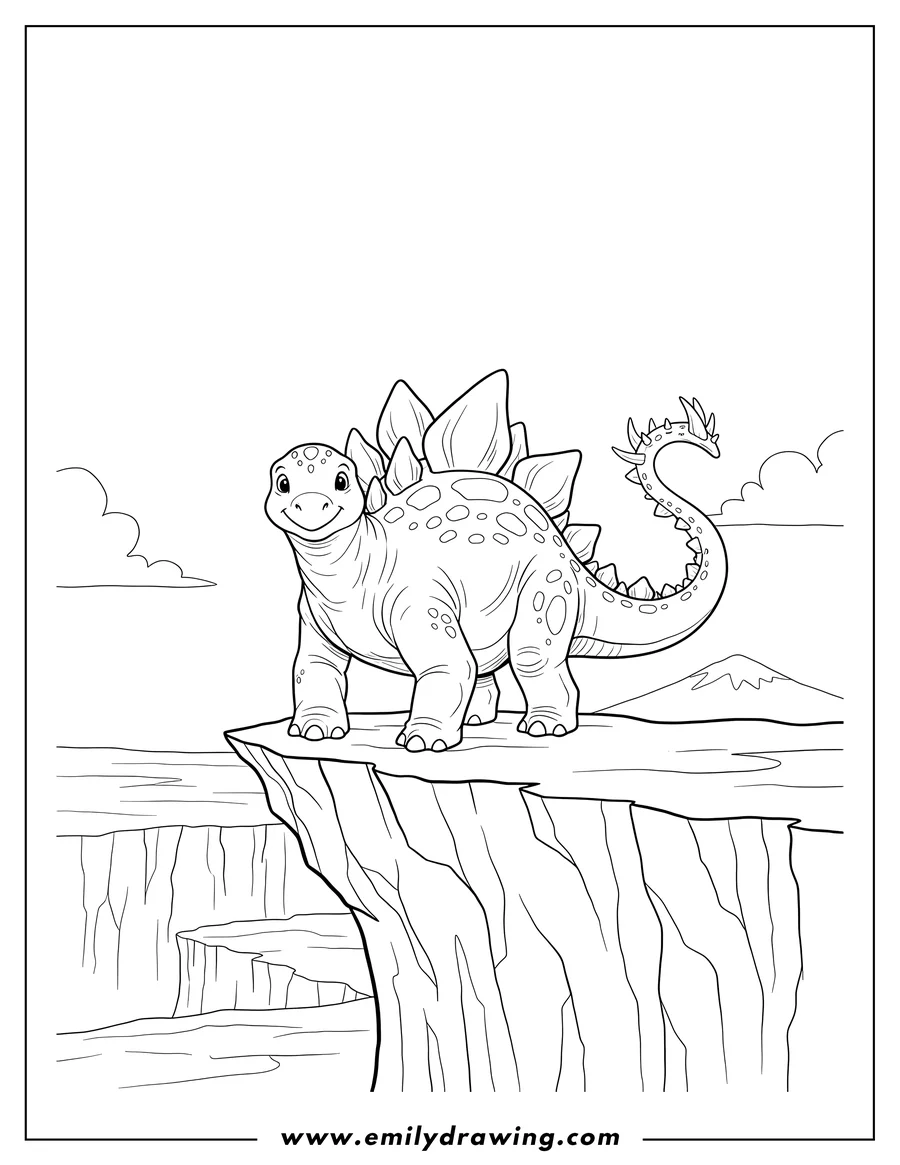 High quality printable stegosaurus standing on a cliff edge, looking forward with its tail curved for coloring