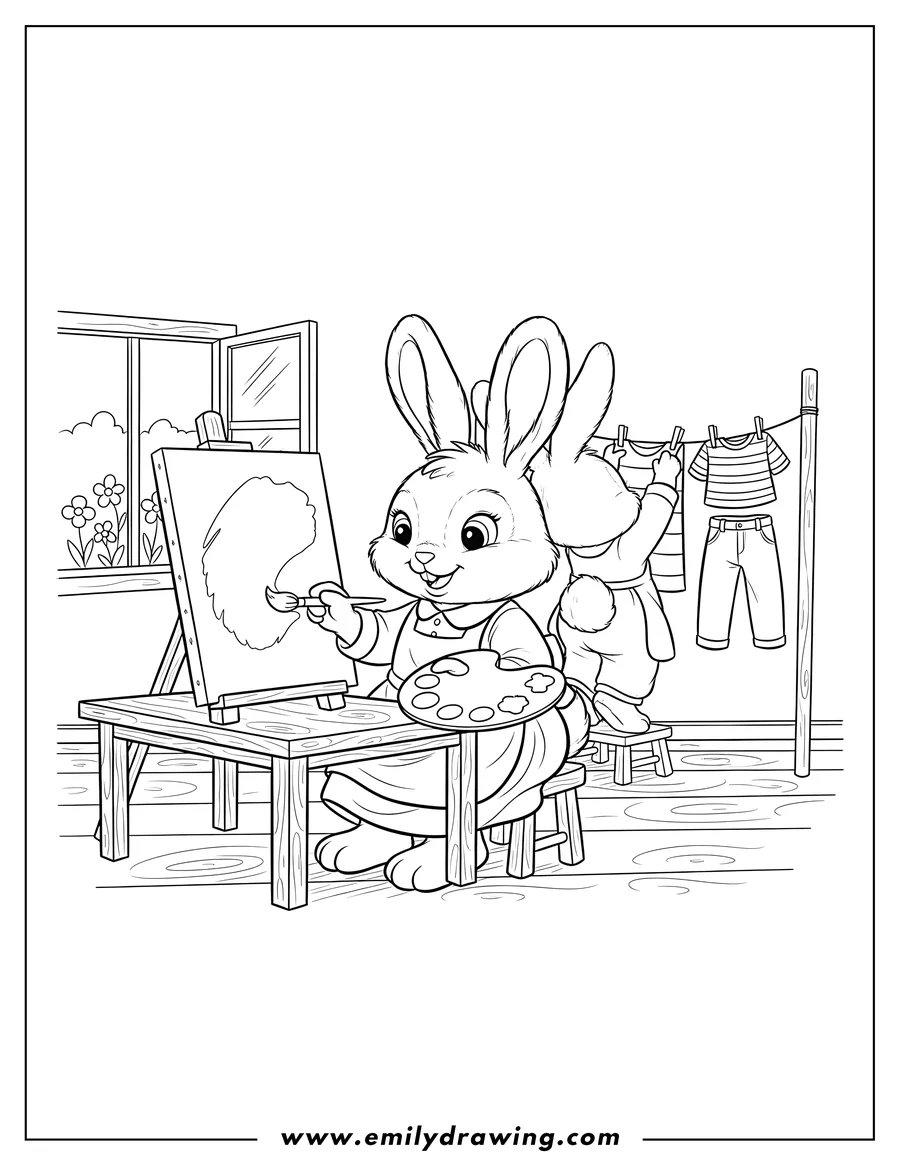 PDF style coloring page: stella Chocolate painting at a table with a paintbrush and palette, while Teri Chocolate hangs striped laundry on a clothesline