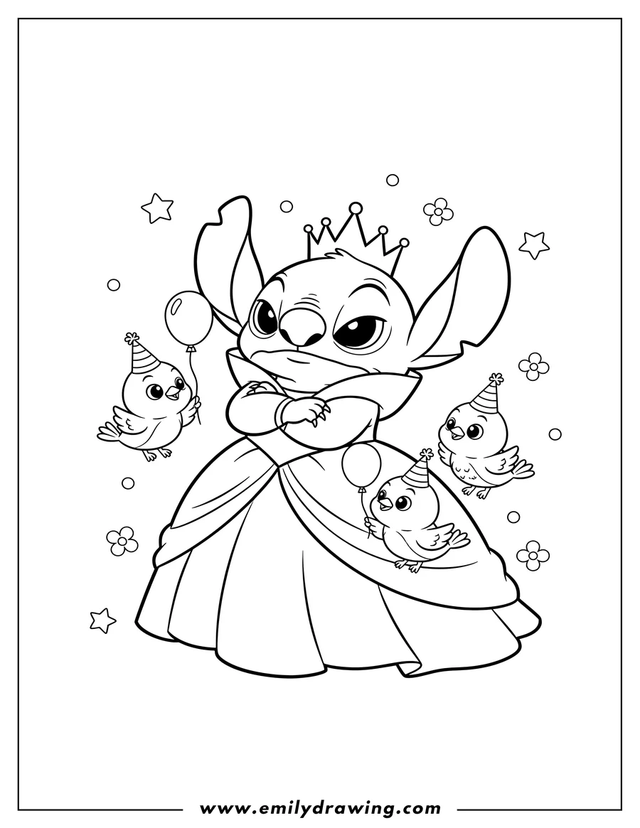 Black and white line art of kawaii Stitch As Princess Aurora Preschoolers, looking grumpy, with birds in party hats