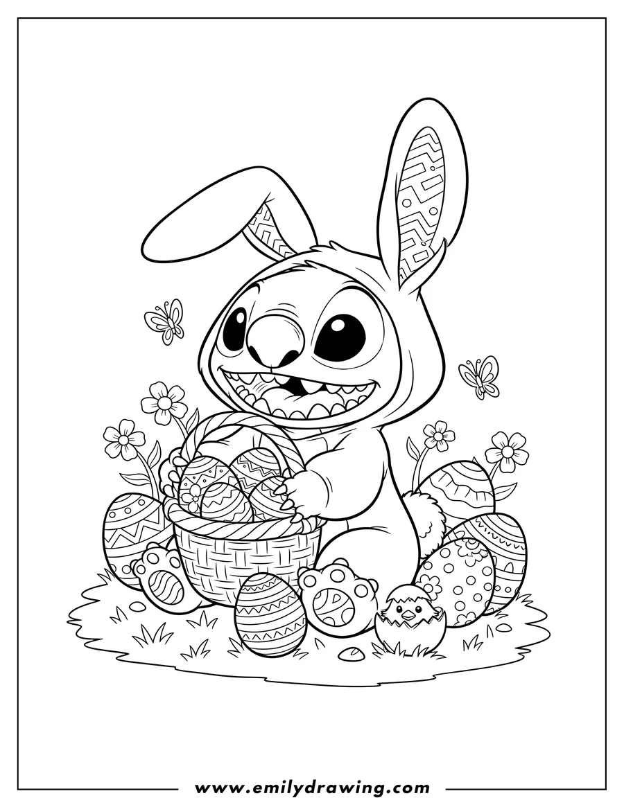 Full page coloring image of kawaii Stitch dressed as an Easter bunny, sitting next to Easter eggs