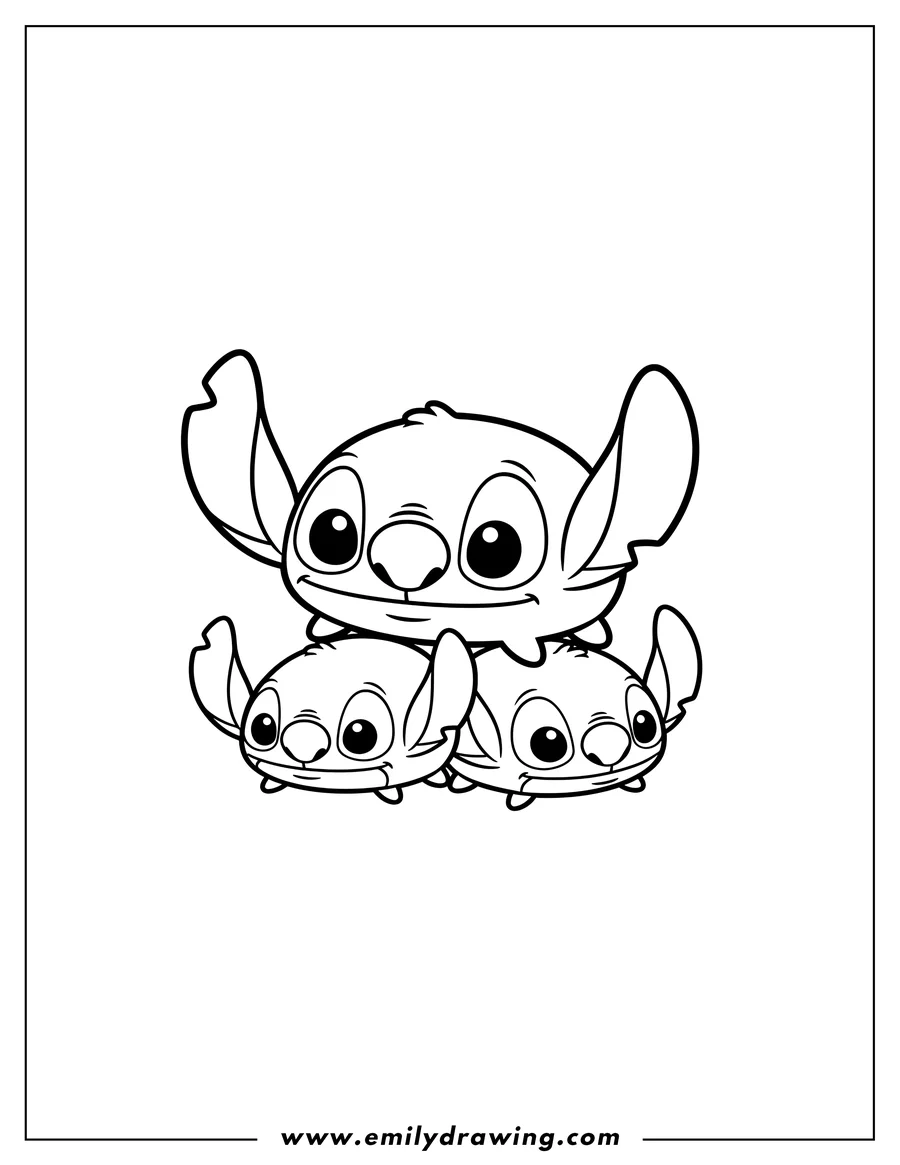 Printable coloring page of kawaii Stitch Tsum Tsum line drawing for preschoolers