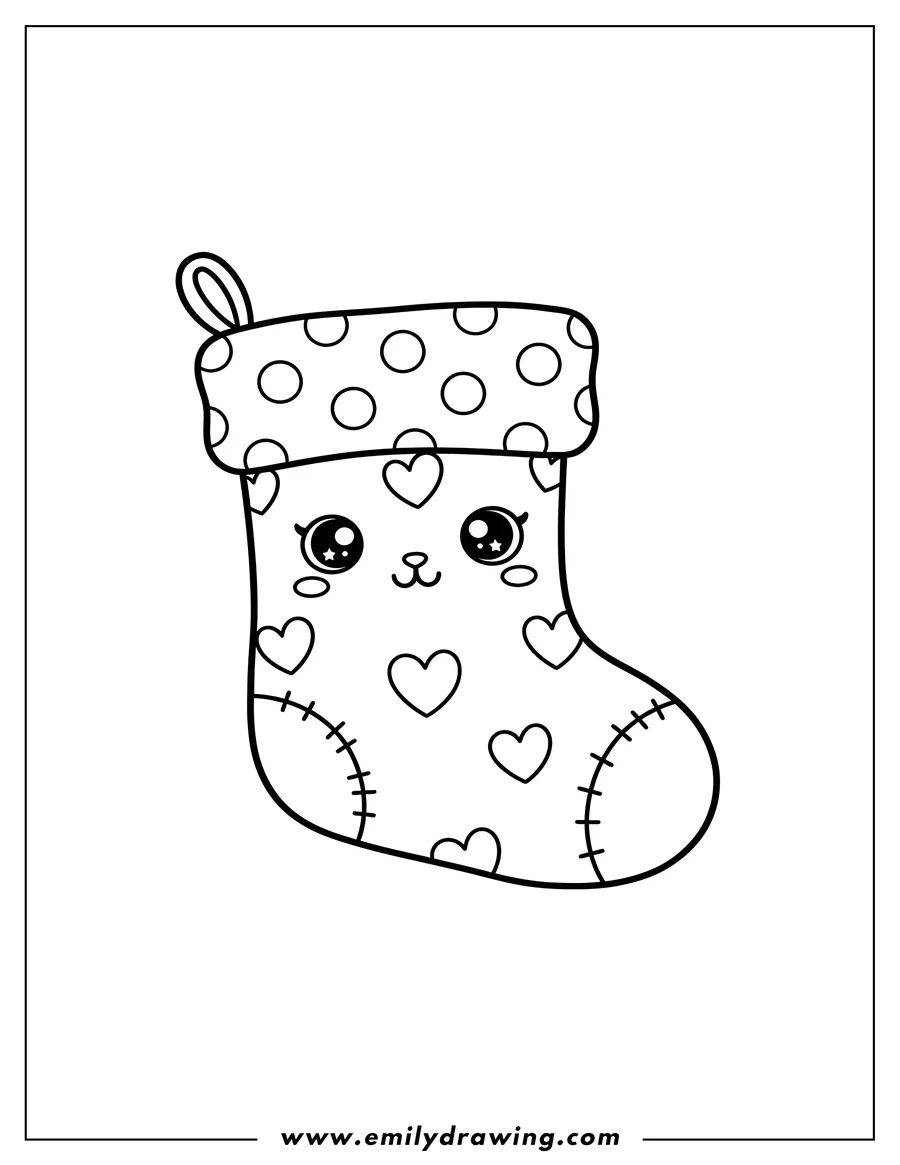 Coloring page for kids: kawaii Christmas stocking with a cute face, polka dot cuff, and heart patterns