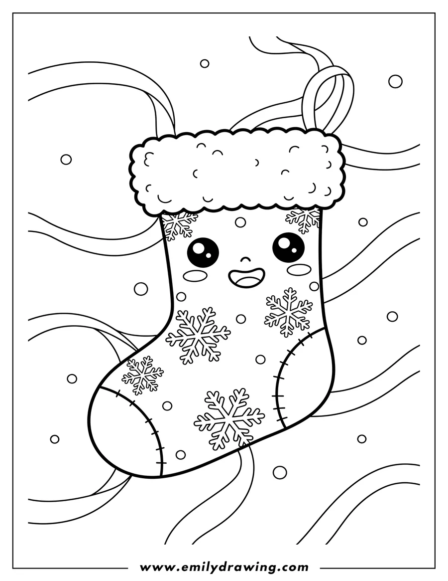 Vector style outline of A kawaii Christmas stocking with a smiling face and snowflake decorations, with a ribbons background