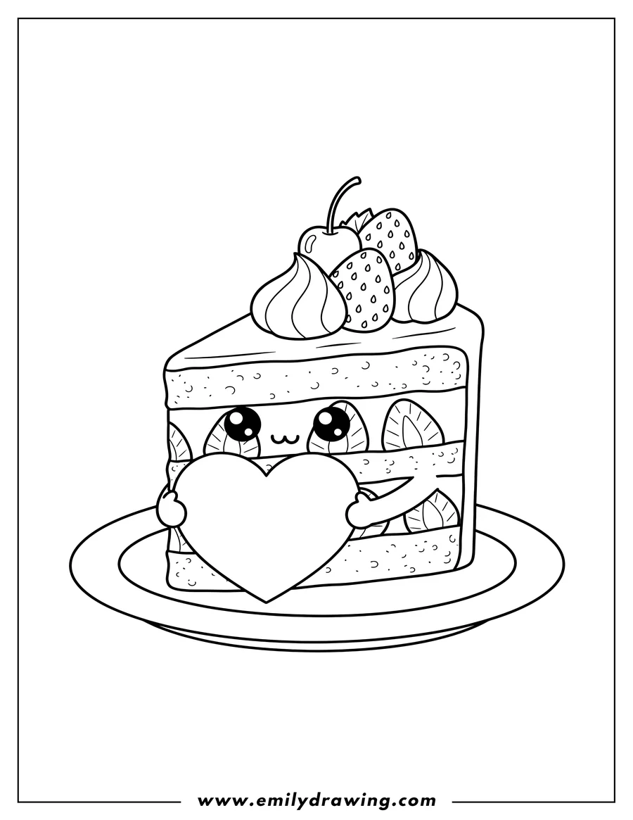 Linear illustration of kawaii Strawberry Cake Slice On Plate Holding a Heart