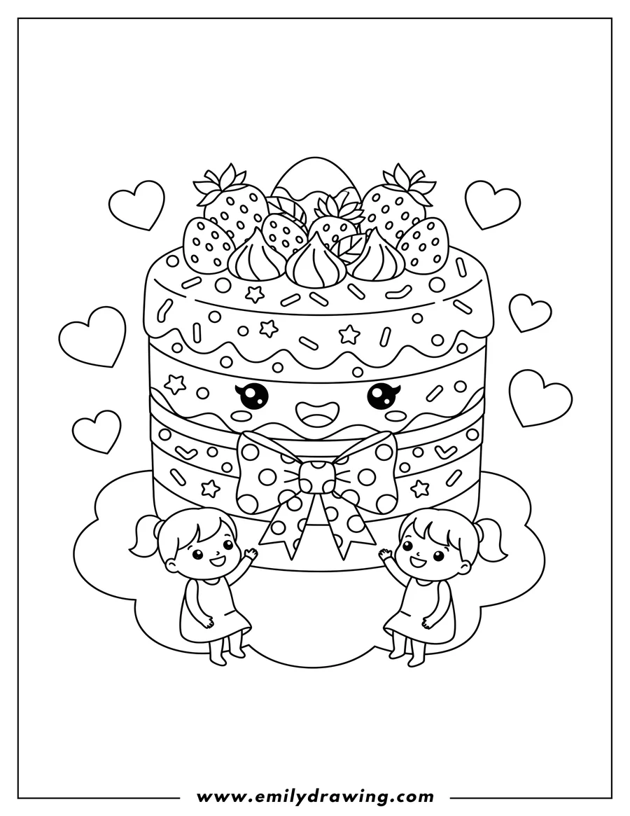 Coloring page for kids: kawaii Strawberry Cake with Sprinkles, Smiling Face, Bow, and Floating Hearts Preschoolers