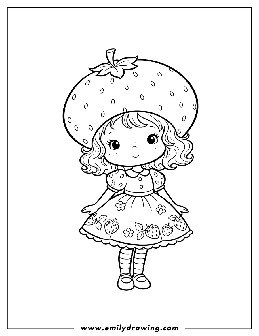 Free printable coloring sheet of strawberry Shortcake Tv, standing and smiling, wearing her signature strawberry hat