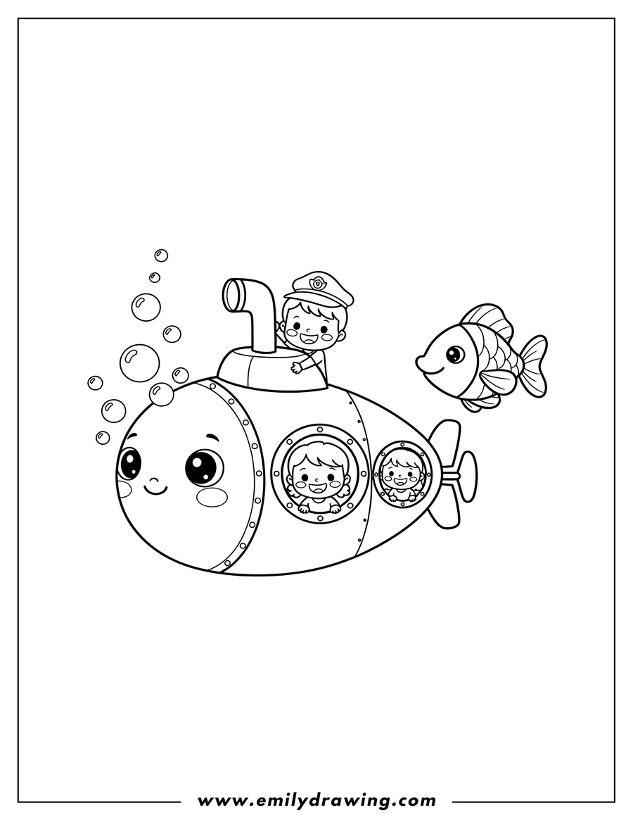 Simple sketch of kawaii Submarine Preschoolers with a periscope, bubbles, and a fish to color