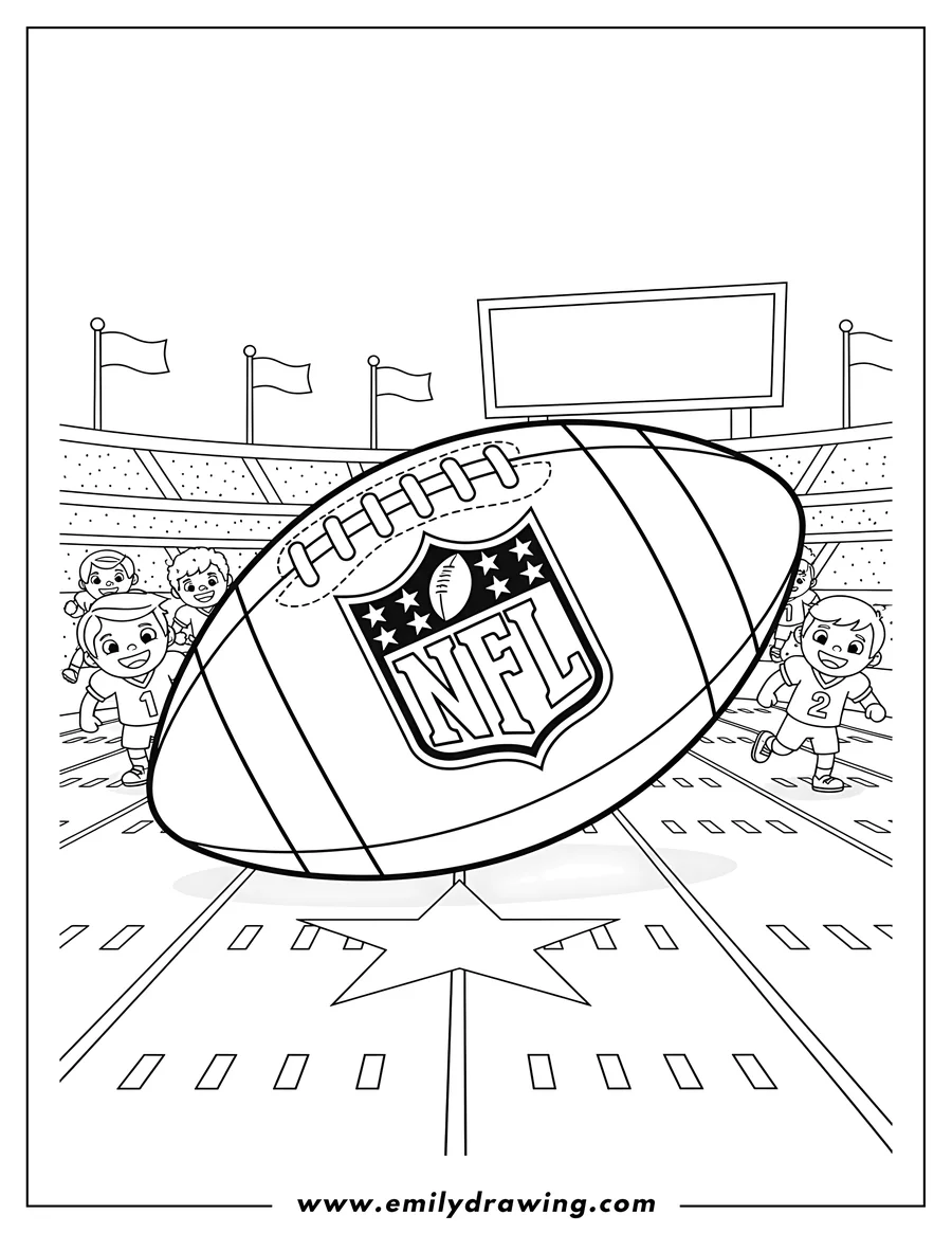 Downloadable coloring page of super Bowl Day with NFL logo on a football field