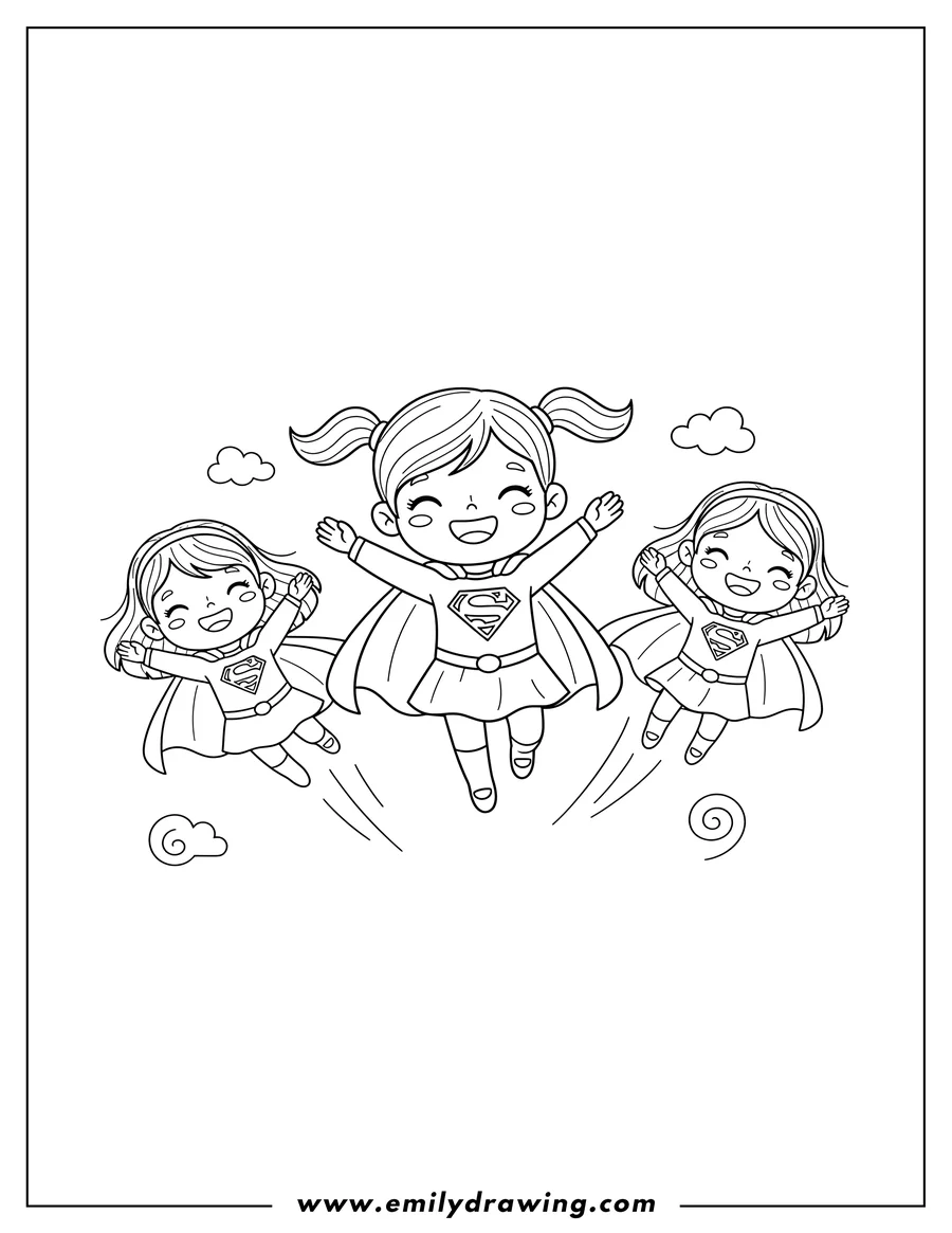 Vector style outline of kawaii Supergirl Preschoolers flying and smiling, with a flowing cape