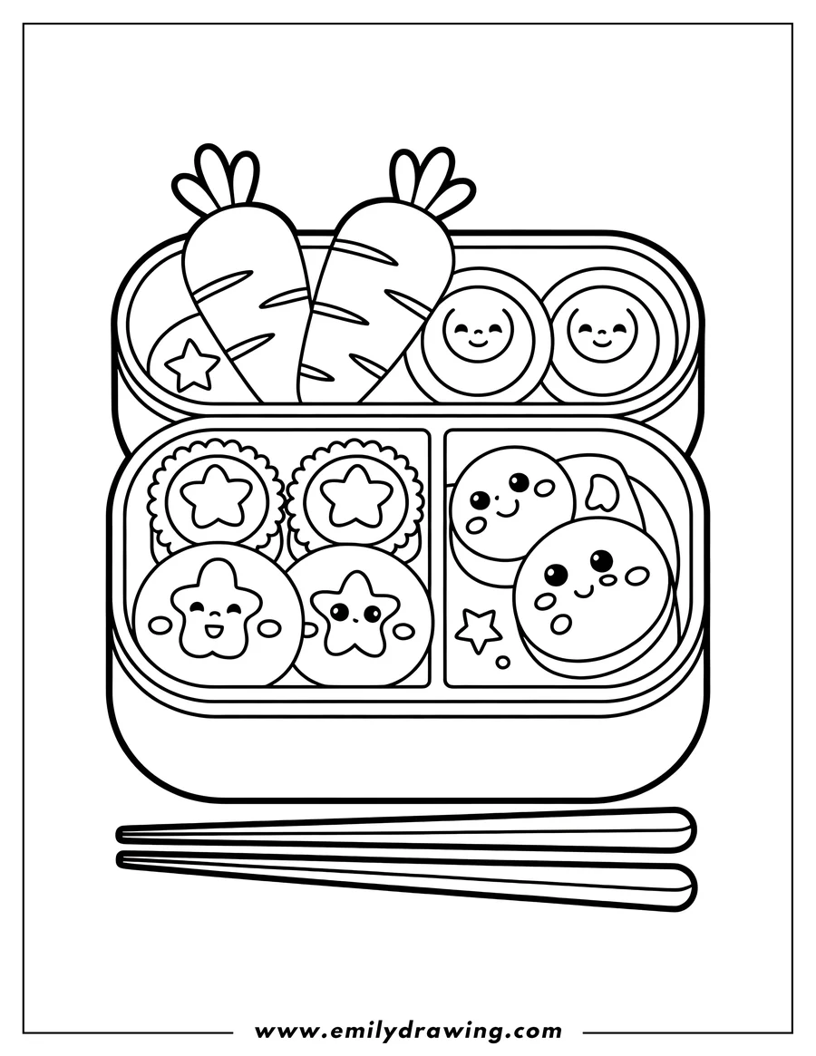 Outline of a bento box filled with smiling sushi rolls, two large carrots, and other cute food items, with chopsticks underneath.