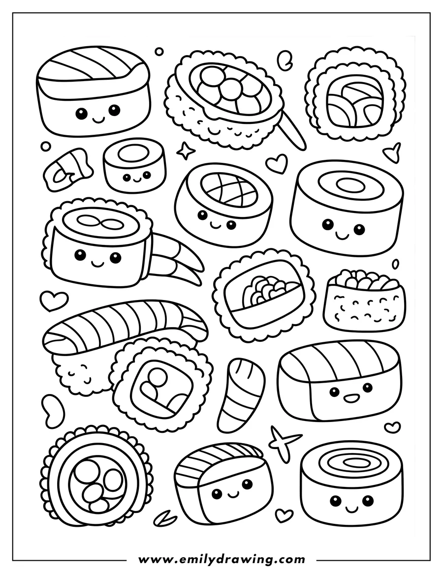 Outline of various kawaii-style sushi pieces, each with a smiling face, including nigiri, maki rolls, and gunkan maki, scattered across the page.