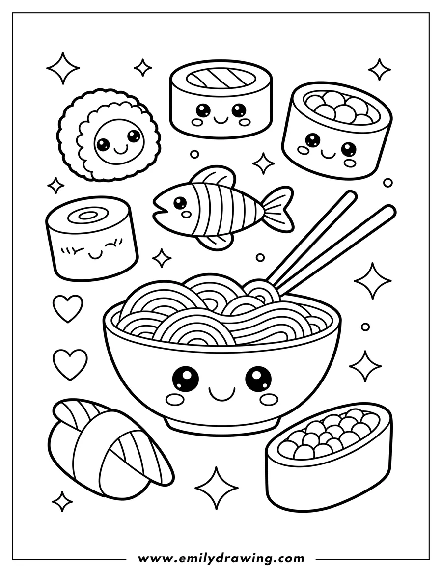 Line art of various kawaii-style sushi pieces, a smiling fish, and a bowl of ramen with chopsticks, surrounded by sparkles and hearts.
