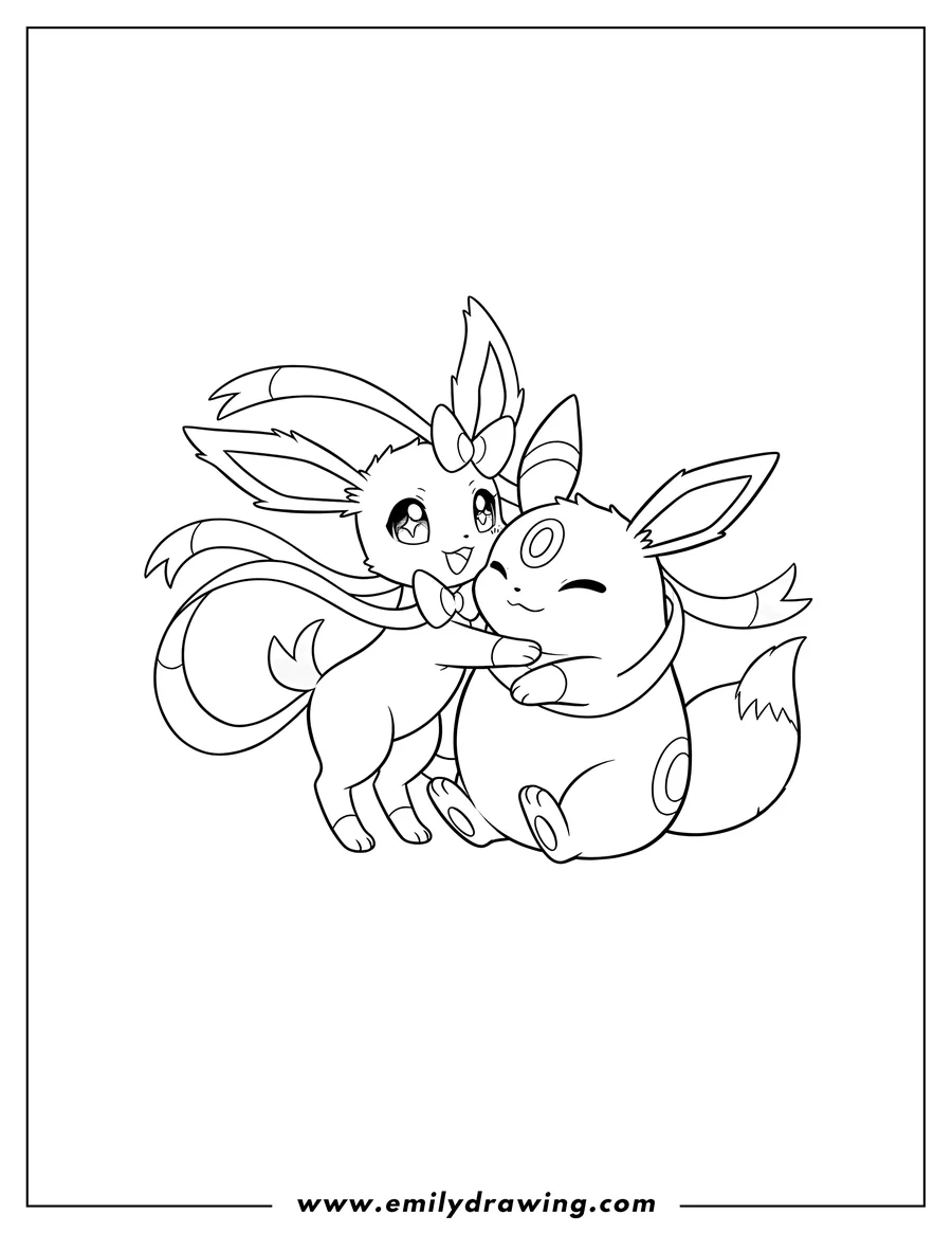 Printable line art of kawaii Sylveon happily hugging Umbreon