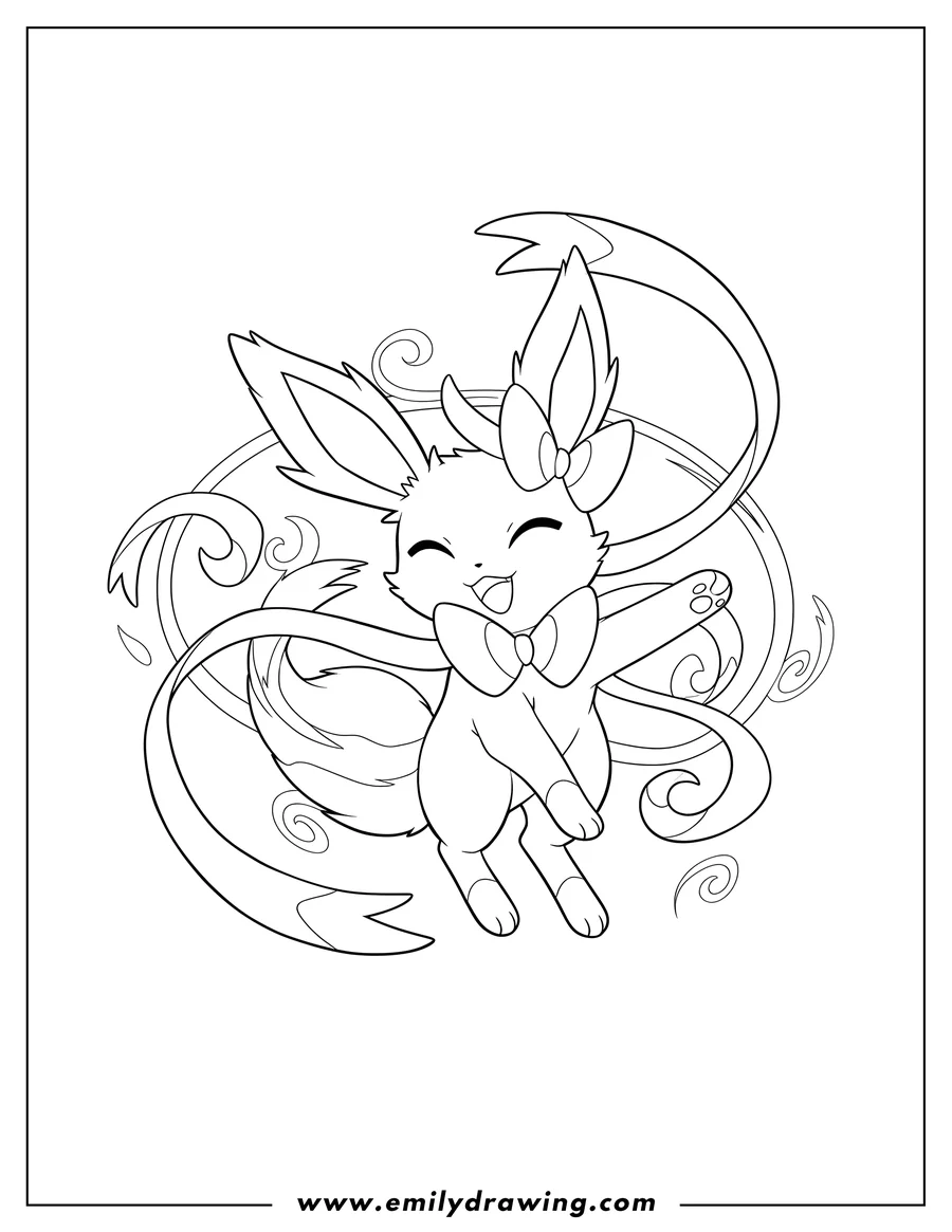 Vector style outline of kawaii Sylveon Leaping, smiling, with flowing ribbons