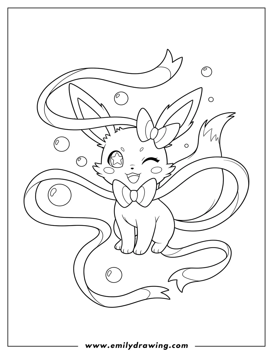 Downloadable coloring page of kawaii Sylveon winking and smiling playfully, with flowing ribbons, for preschoolers