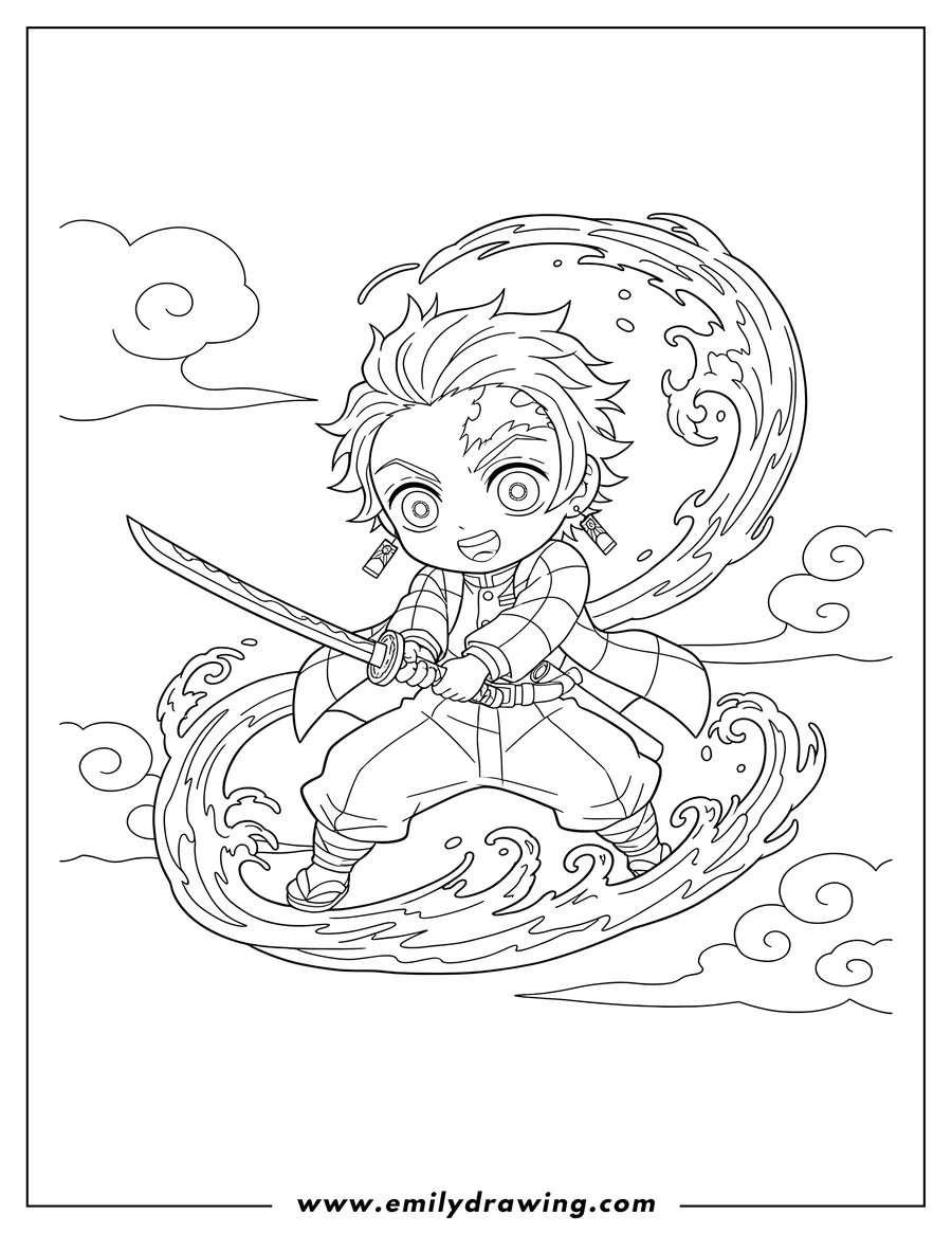 Linear illustration of kawaii Tanjiro fighting, holding a sword, with water breathing effects
