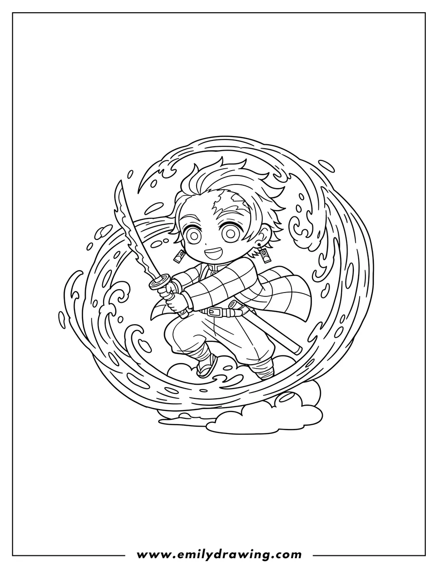 Coloring page for kids: kawaii Tanjiro in mid-air using Nichirin Sword with water breathing