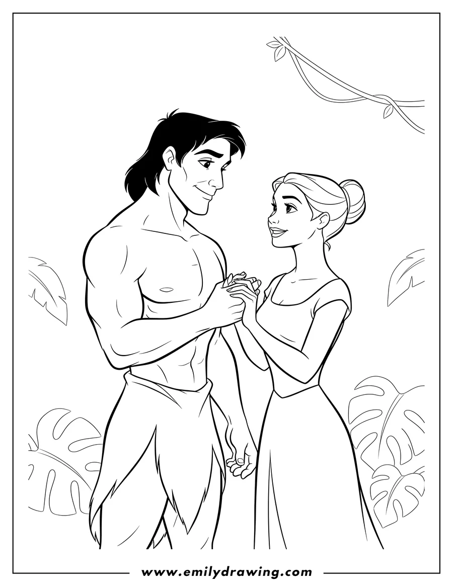 PDF style coloring page: tarzan Looking Lovingly At Jane, with their hands clasped together