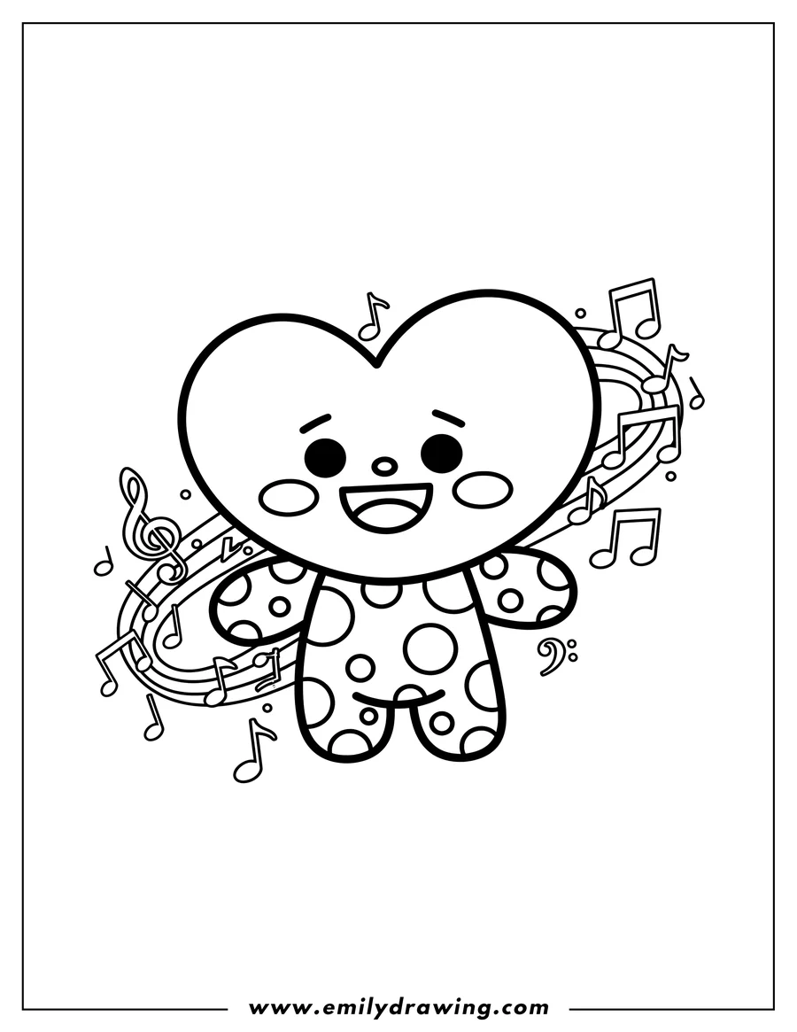 Coloring page for kids: kawaii Tata with a cute smiling face and polka dot limbs, surrounded by musical notes