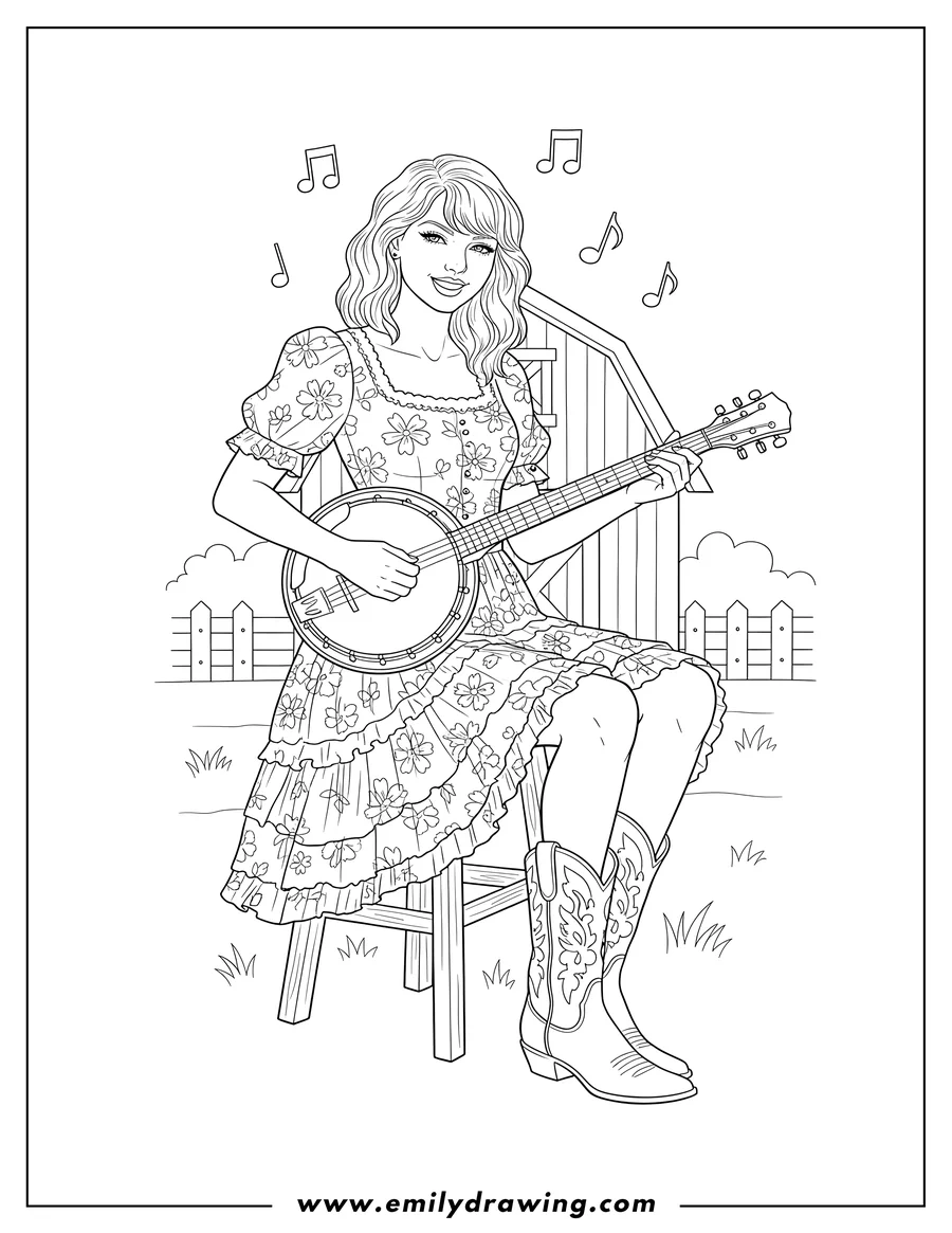 Printable line art of taylor Swift in a country-style dress with wavy hair playing a banjo
