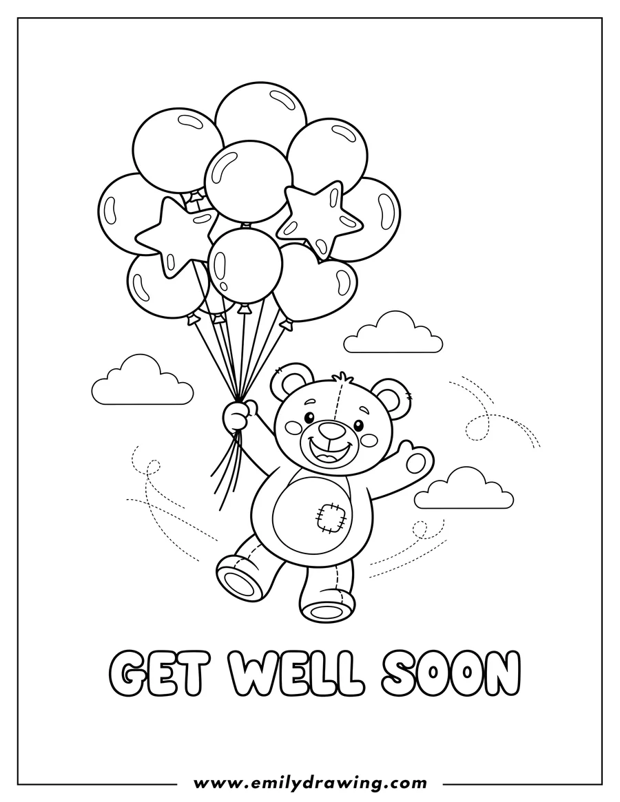 PDF style coloring page: teddy bear flying while holding balloons, with Get Well Soon text