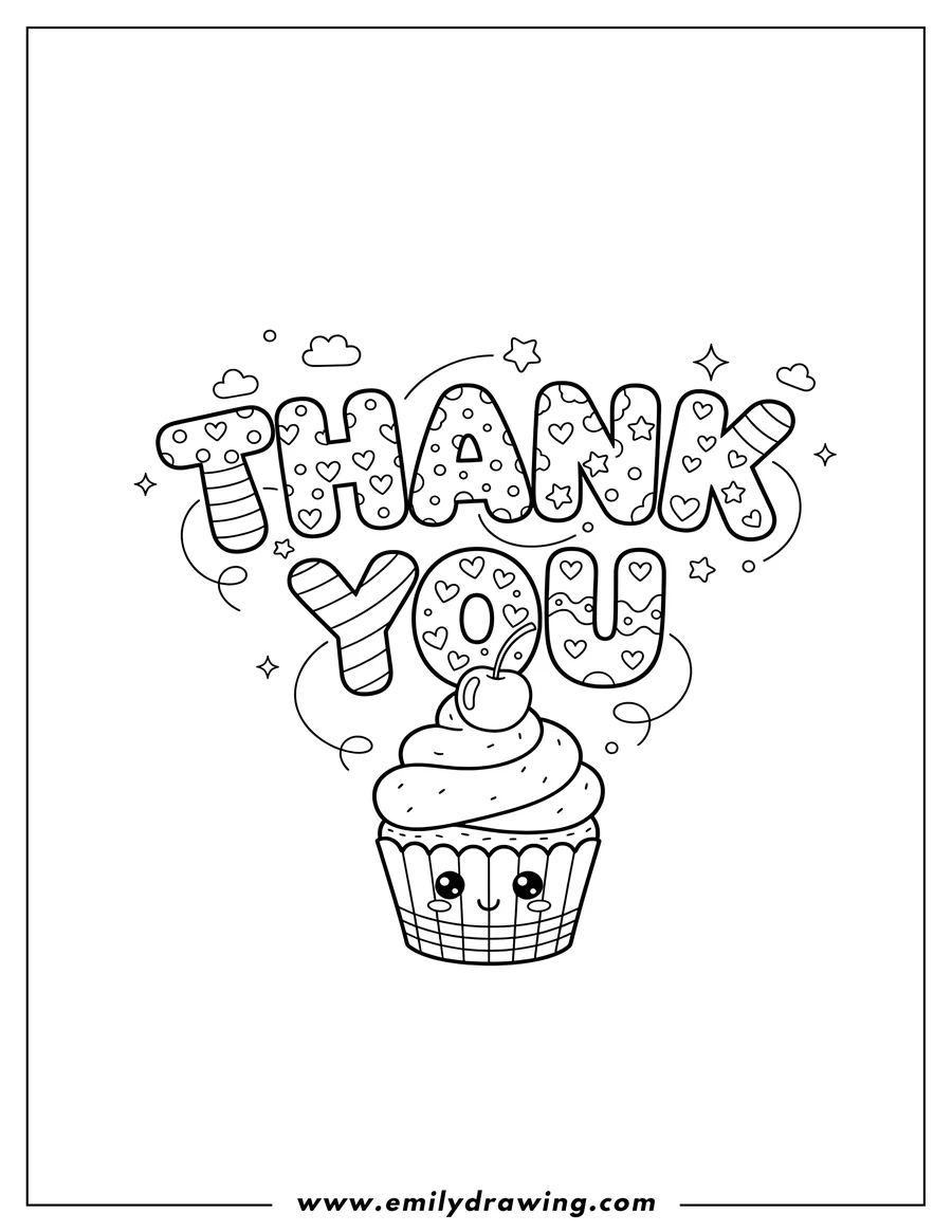 Free to print drawing of kawaii Thank You Lettering with decorative patterns and a smiling cupcake with a cherry on top