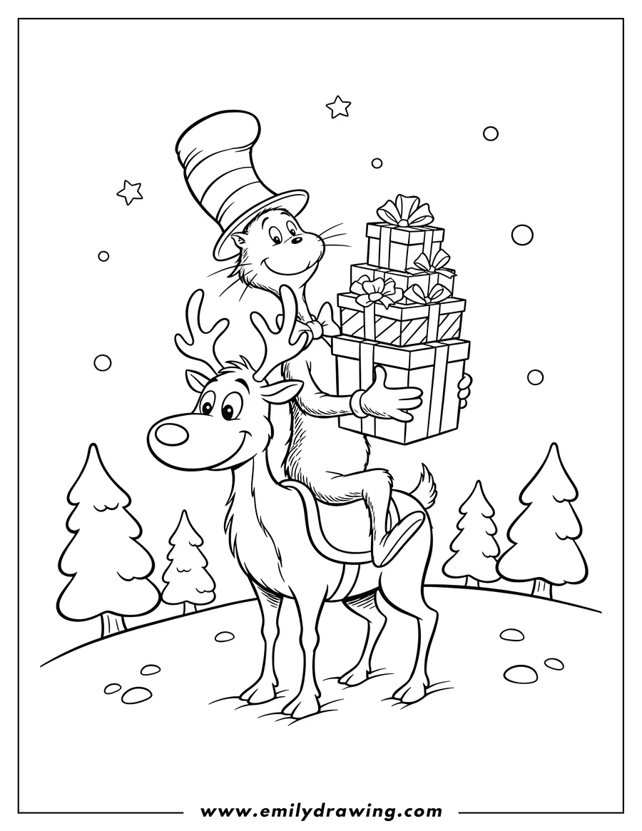 Clean line drawing: the Cat in the Hat riding a reindeer-like creature while holding presents