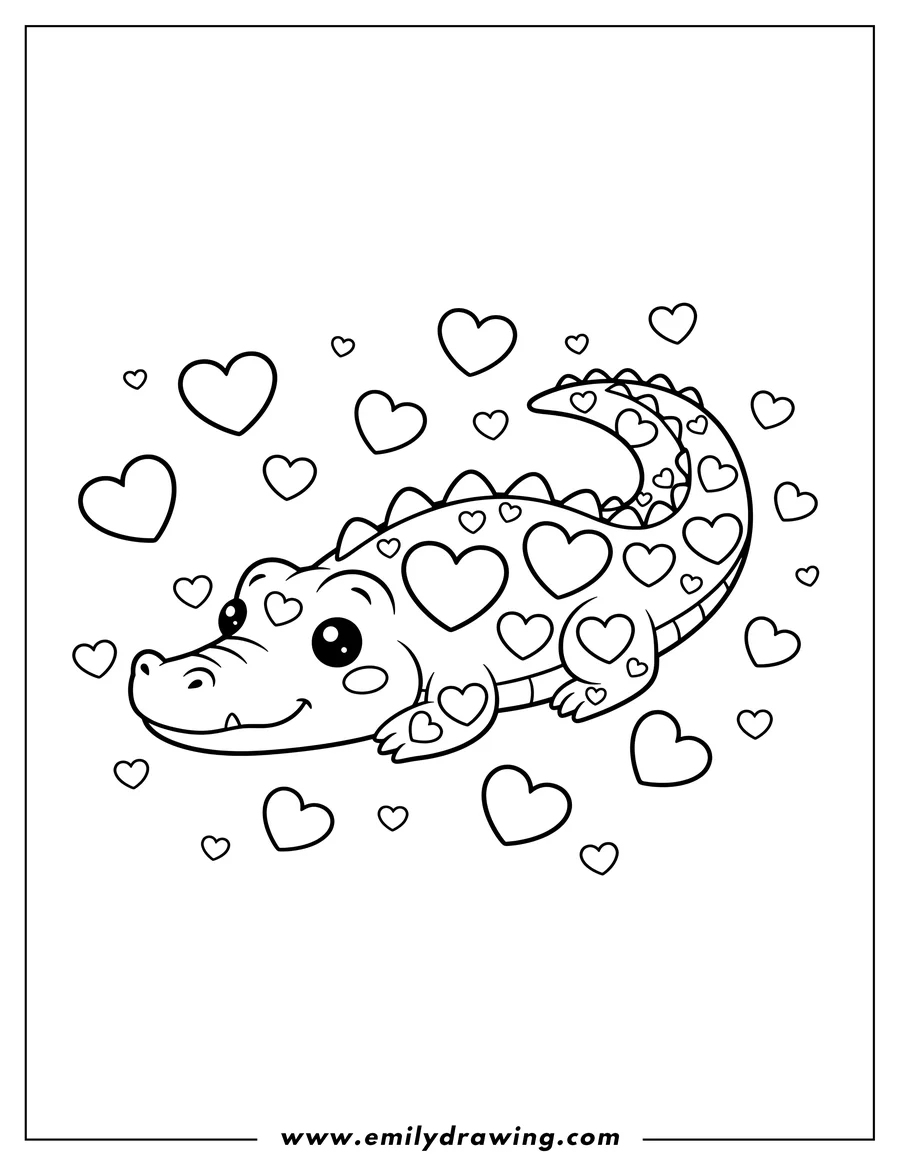 Coloring sheet featuring kawaii Themed Crocodile Scaled, lying down, surrounded by hearts