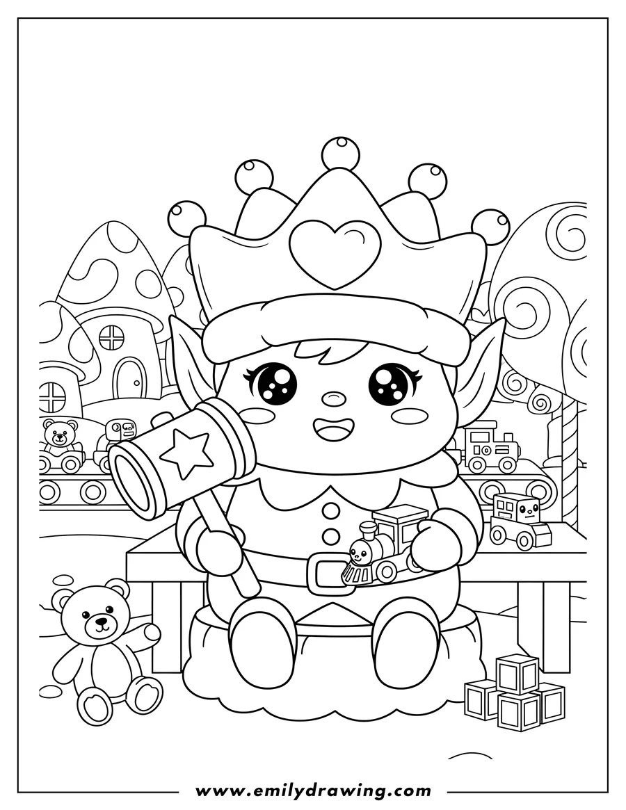 Linear illustration of kawaii Themed Elf wearing a crown hat and holding a mallet, making toys, to color scaled