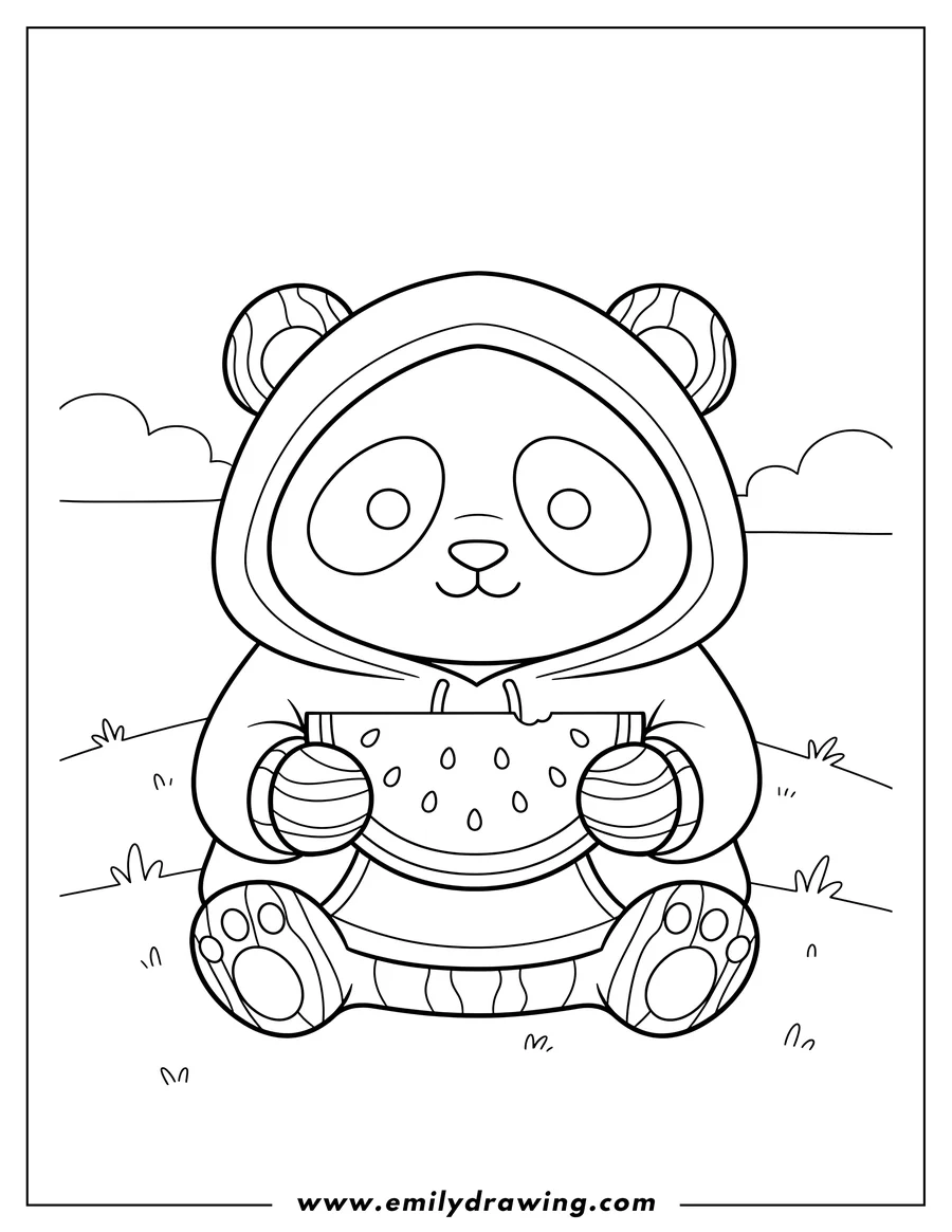 Free printable coloring sheet of kawaii Themed Panda With Watermelon Scaled, wearing a hoodie, sitting and holding a slice