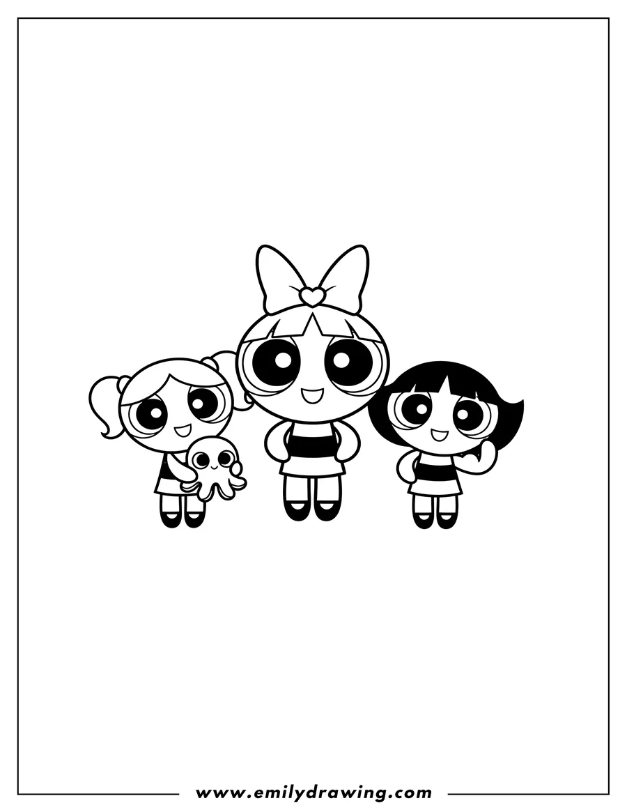 Vector style outline of kawaii Themed Powerpuff Girls Scaled, three girls standing and smiling