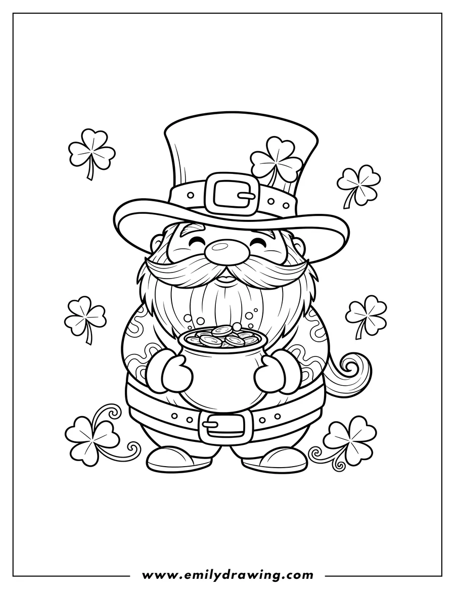 Outline drawing of kawaii Themed St Patrick S Day Leprechaun gnome holding a pot of gold with shamrocks