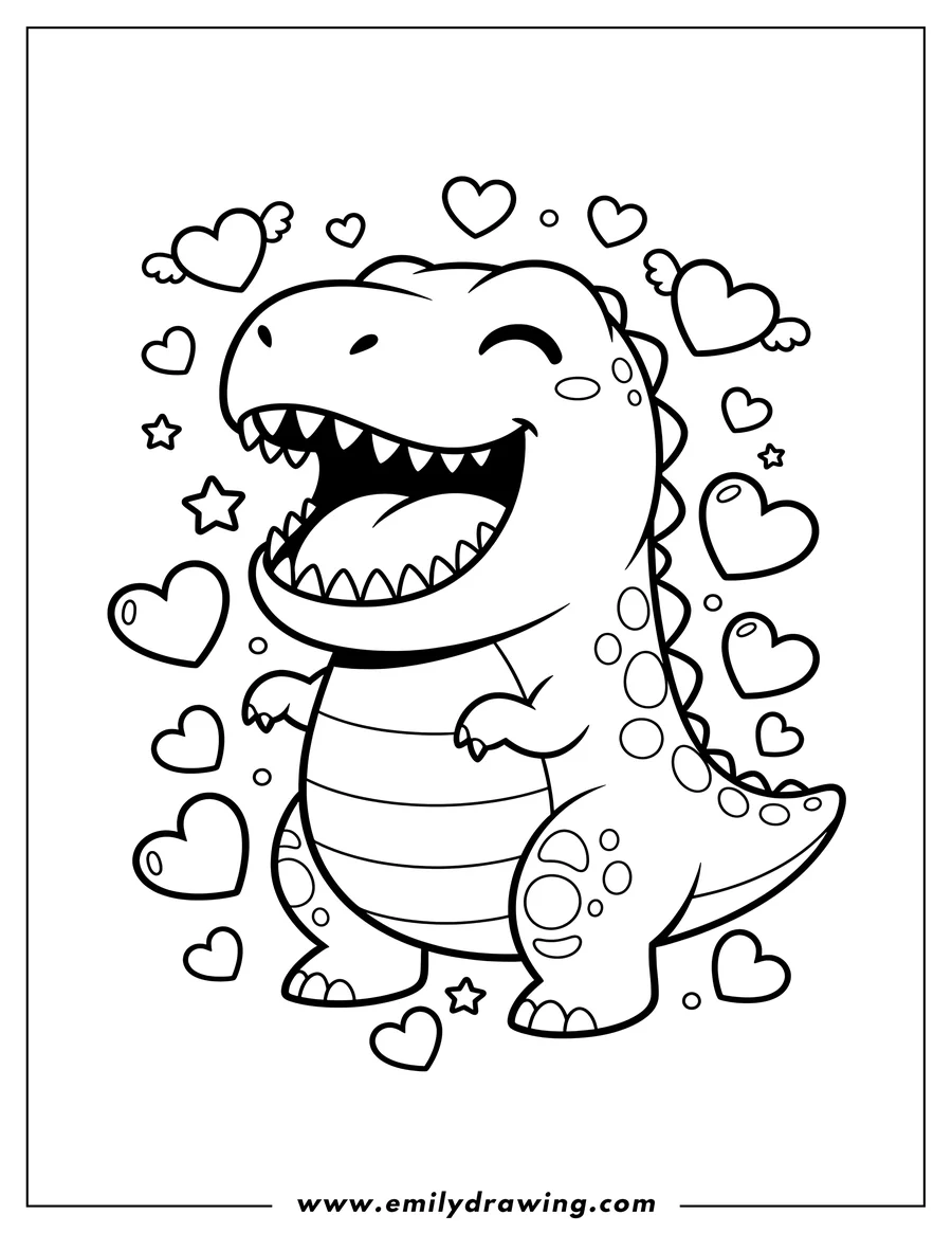 Simple sketch of kawaii Themed T Rex with a wide happy mouth, sharp teeth, and closed eyes, surrounded by hearts to color