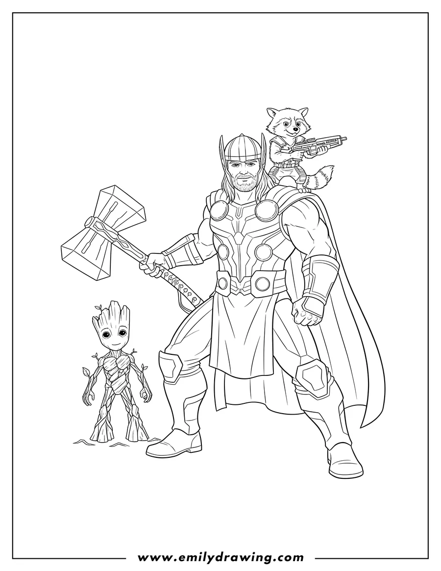 Full page coloring image of thor with Stormbreaker, Groot, and Rocket Raccoon with a blaster