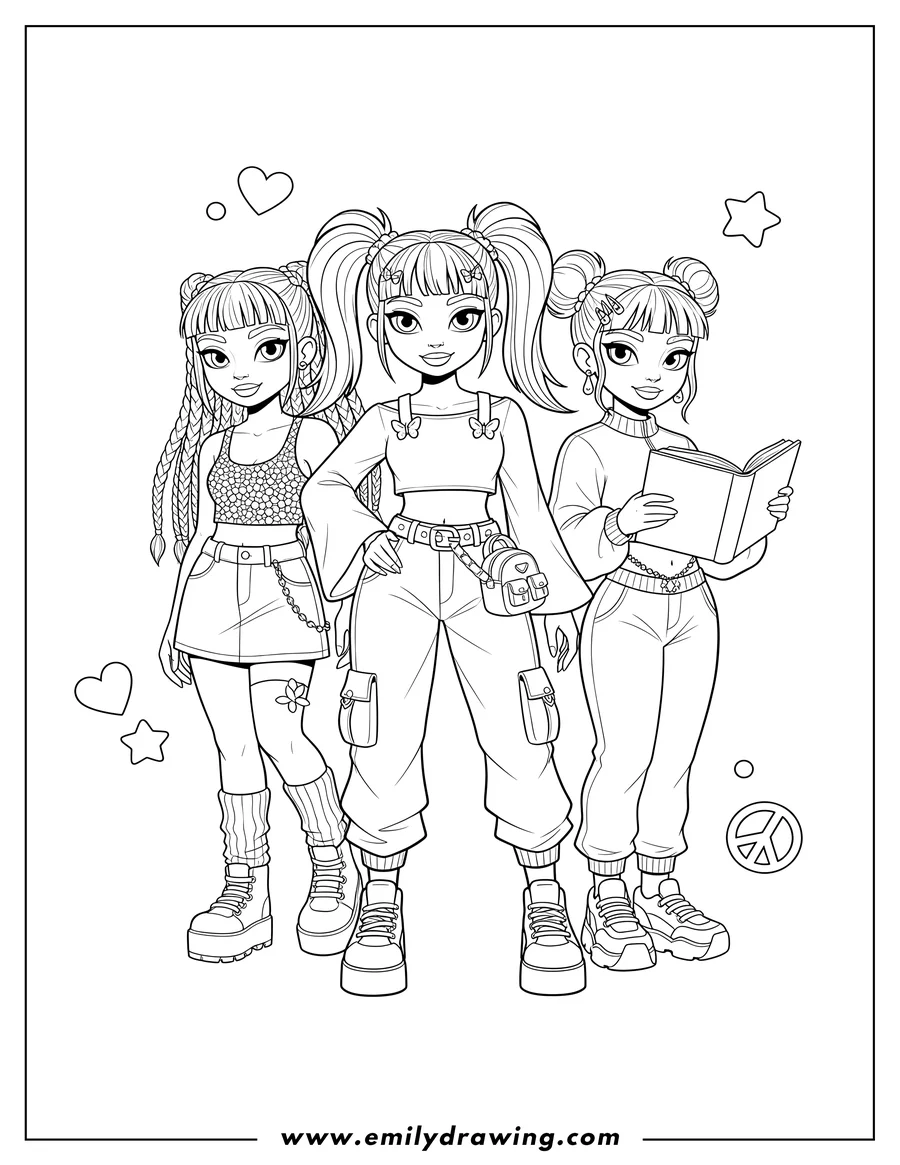 Coloring sheet featuring three Cartoon Girls Y2K Hairstyles and Clothes, one holding a book