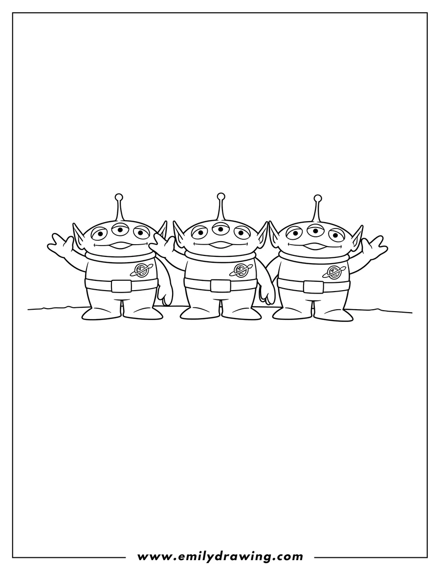 Vector style outline of three Toy Story Aliens standing and waving
