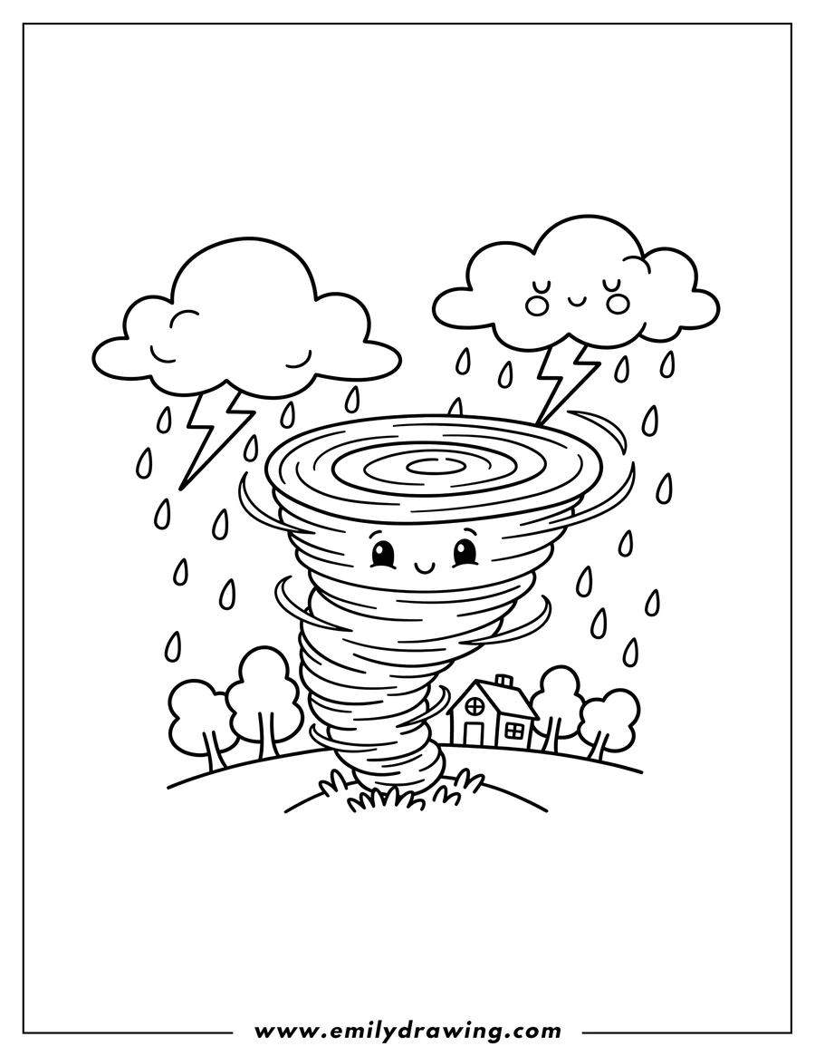 Coloring page for kids: thunderstorm and tornado touching down