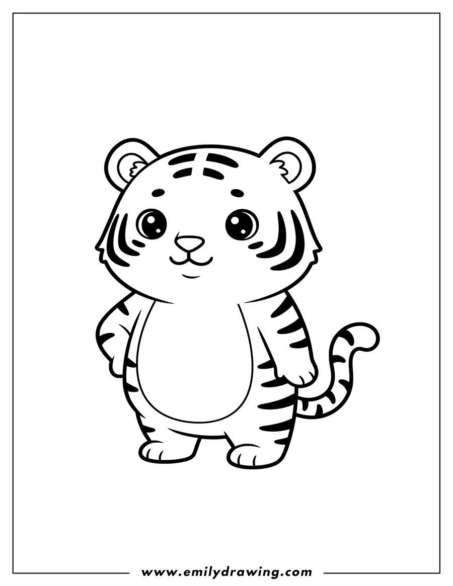 Simple sketch of kawaii Tiger To Color, standing upright with one arm on its hip and a friendly smile to color