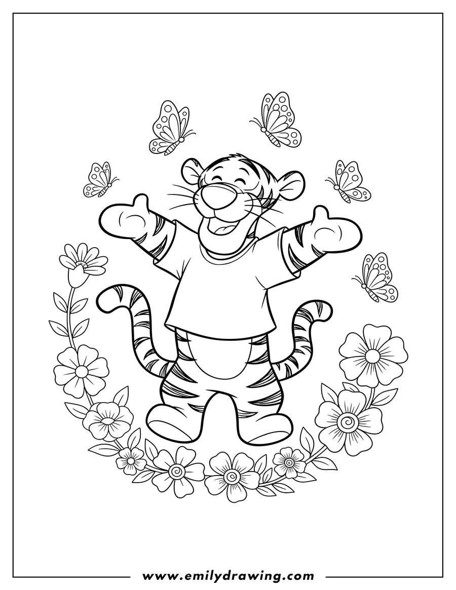 PDF style coloring page: kawaii Tigger smiling happily with closed eyes, standing tall and bouncy, surrounded by butterflies and flowers