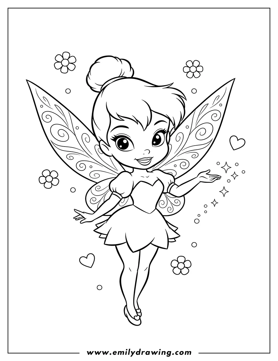 Free to print drawing of adorable Kawaii Tinker Bell, smiling with wings and hair in a bun