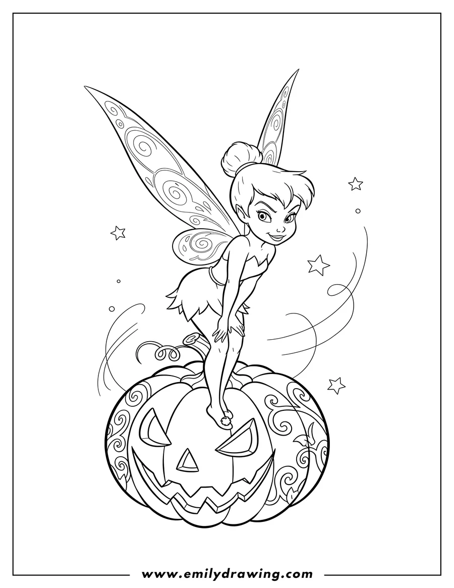Doodle style coloring picture of tinker Bell with a mischievous expression, leaning forward on a carved Jack O'Lantern
