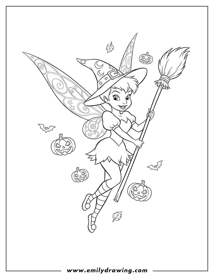 Outline drawing of tinker Bell with wings, wearing a witch hat, holding a broom in a playful pose on Halloween