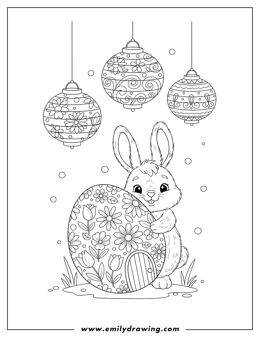 Downloadable coloring page of tiny Easter Bunny holding a big, flower-decorated egg with a door, under lanterns