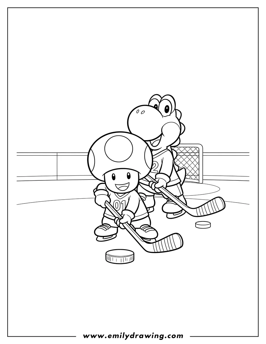 Doodle style coloring picture of toad And Yoshi Playing Ice Hockey, holding hockey sticks and about to hit the puck