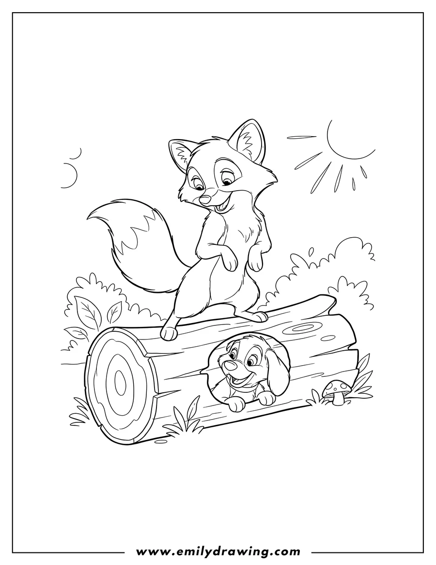 Free to print drawing of todd the fox looking down at Copper the dog peeking from a hollow log, playing