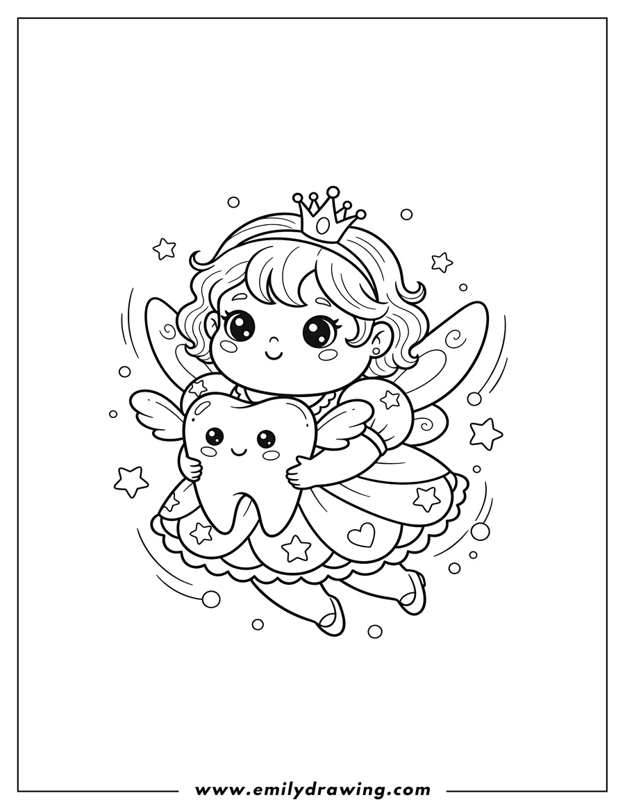 Clean line drawing: kawaii Tooth Fairy flying and holding a winged tooth