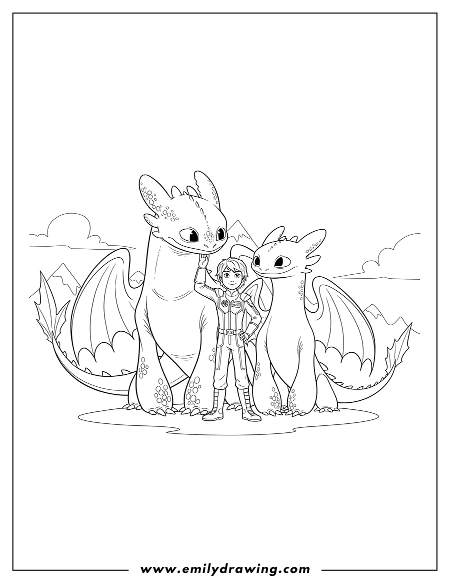 Coloring page for kids: toothless With Light Fury Luna and Hiccup standing between them