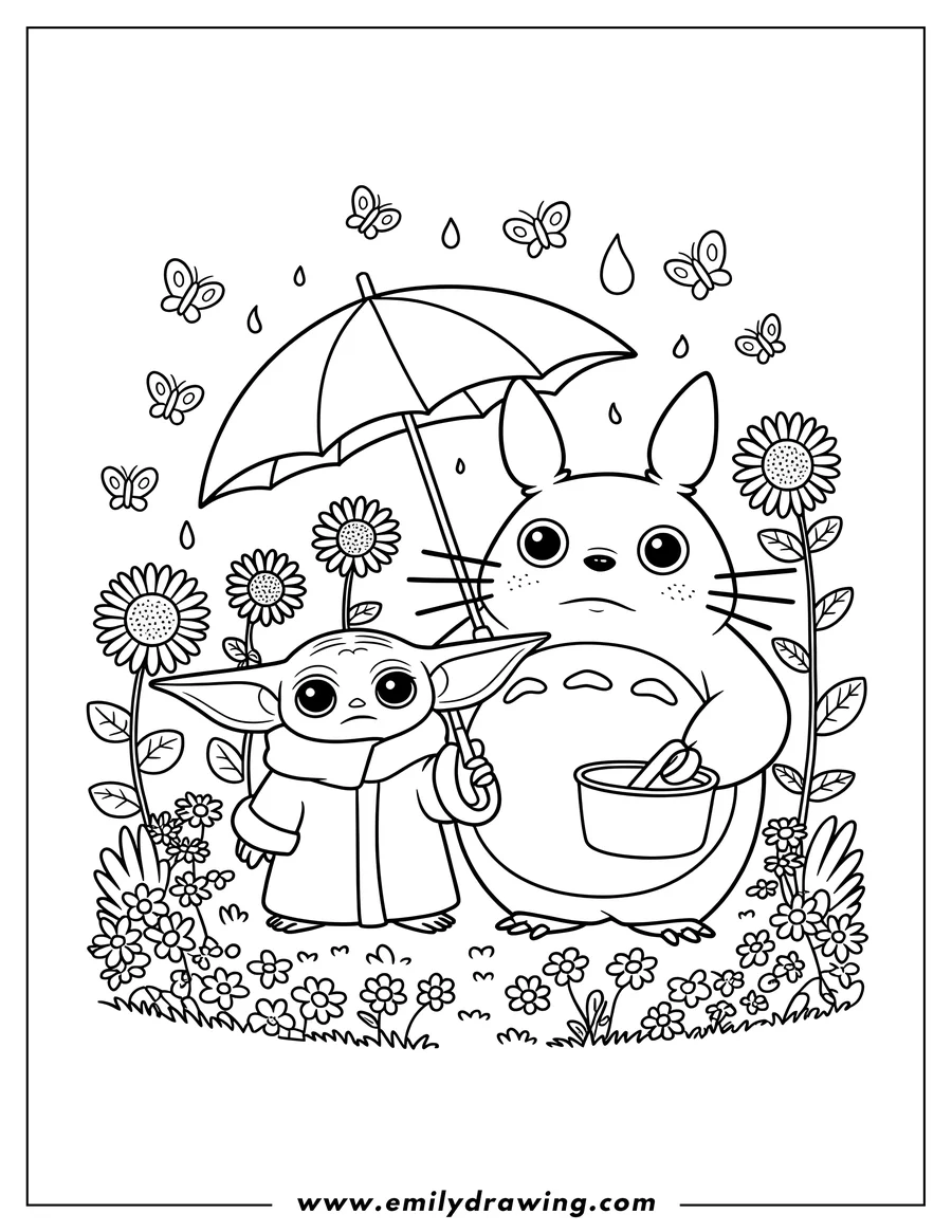Black and white line art of totoro
