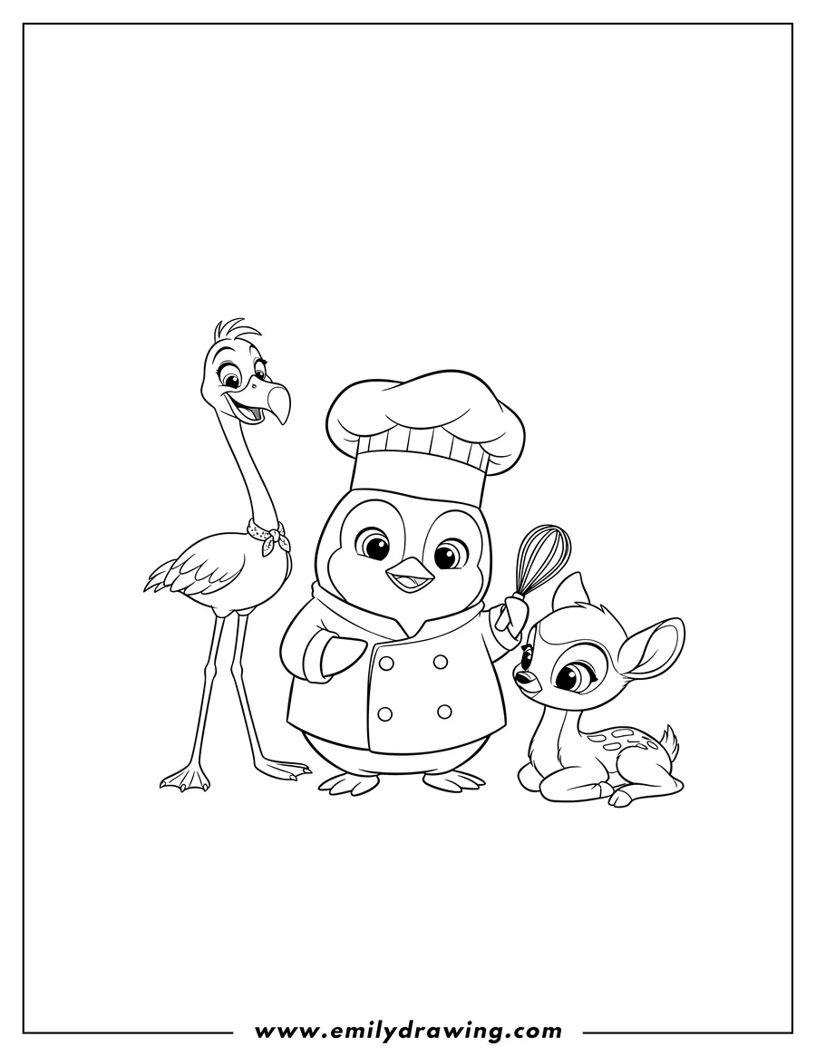 Vector style outline of tots Disney Pip the penguin chef, Freddy the flamingo, and a baby fawn