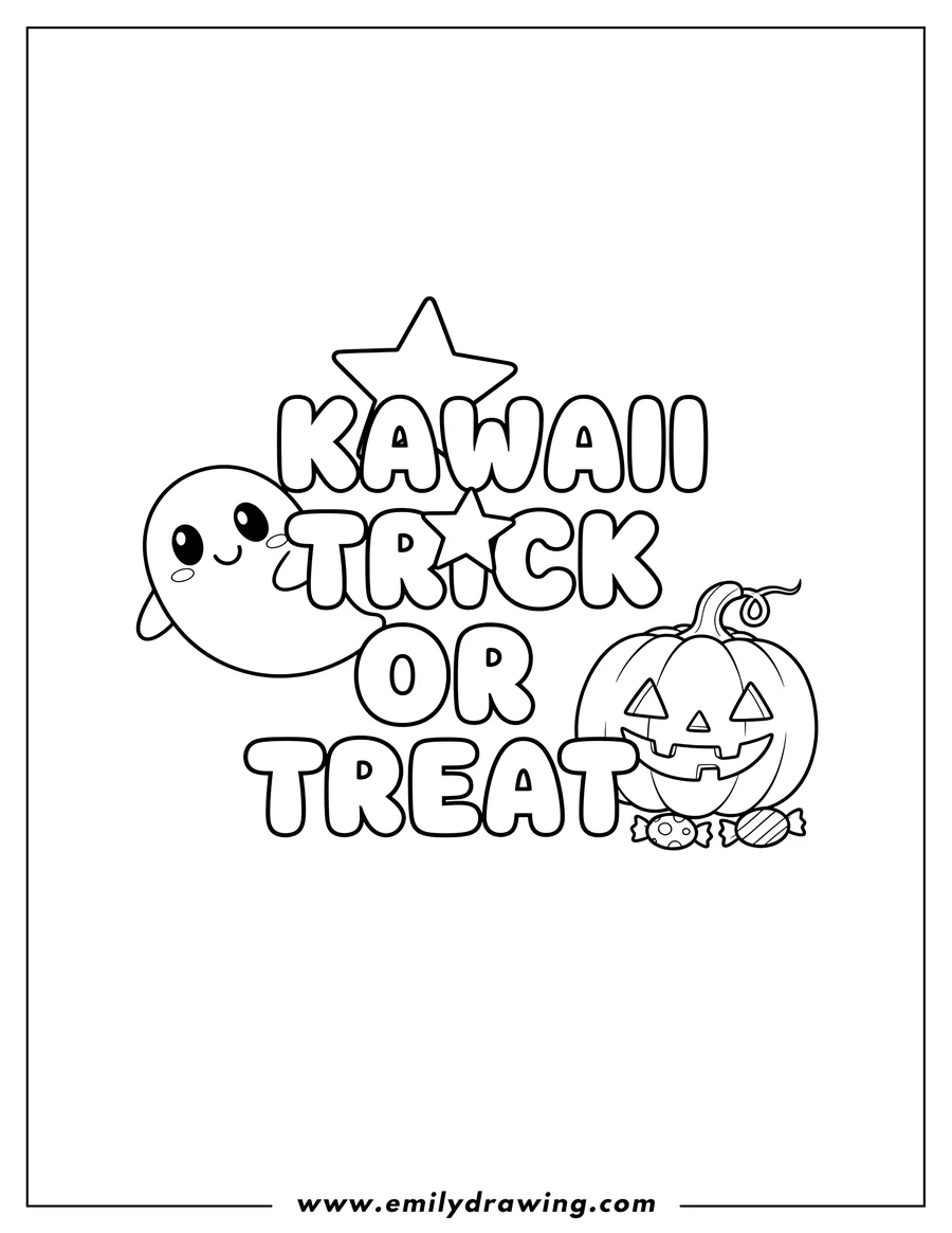Full page coloring image of kawaii Trick Or Treat words with a star on 'TRICK', a peeking ghost, and a smiling pumpkin